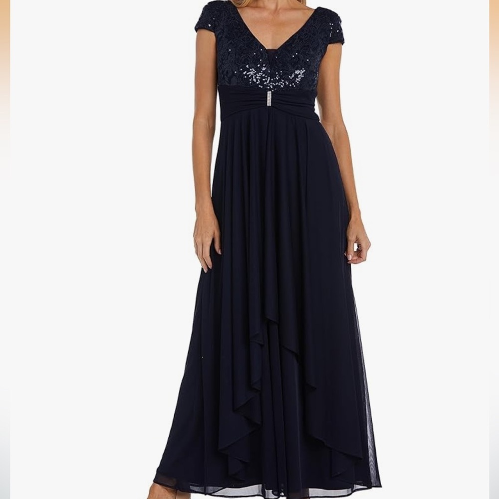 NWT R&M Richards Women's Corded Dress W/Lace Bodice & Sequins